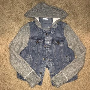 Denim Jacket with Knit Sleeves and Removable Hood